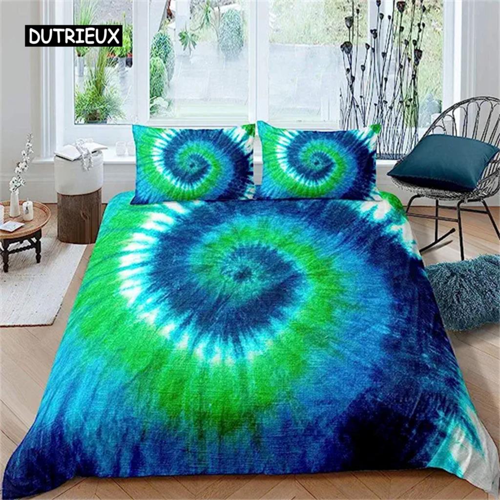 Tie Dye Duvet Cover Hippie Spiral Bedding Set Ethnic Boho Duvet Cover Swirl Tie Dye Pattern Bed Bohemian Hippie Bedding Decor