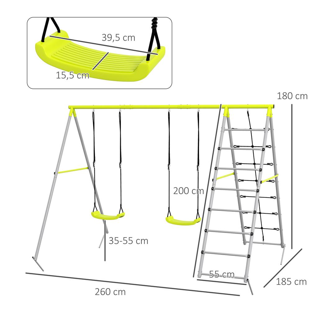 Four-In-One Metal Garden Swing Set, with Two Swings, Climber, Climbing Net - Green
