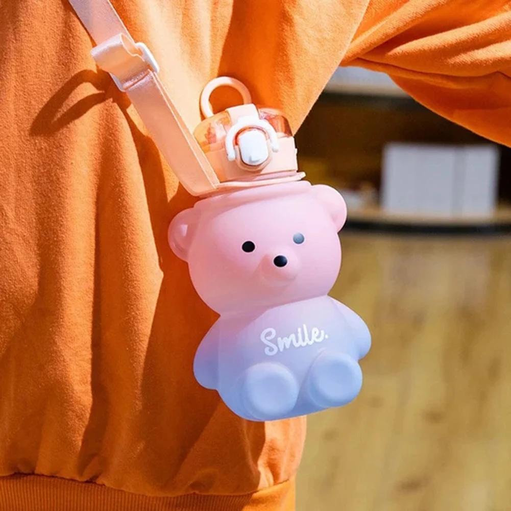 800ml Kawaii Straw Water Bottle With Rope Portable Bear Gradient Water Cup Large-Capacity Leak-Proof Drinking Mug For Kids Girls