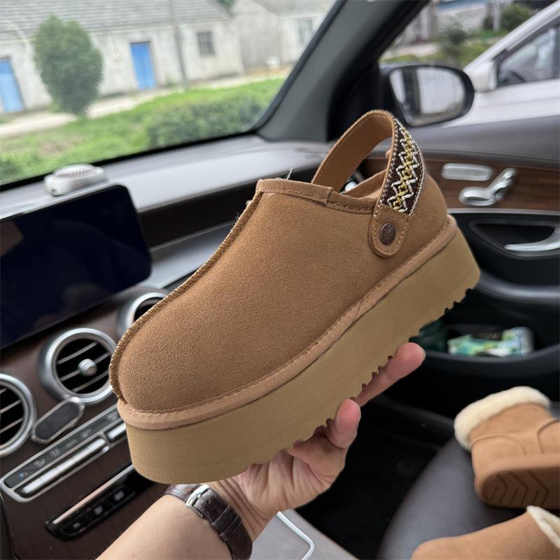 New woven bag head platform slippers women's genuine leather velvet thermal outdoor cotton boots with snow boots at the heel