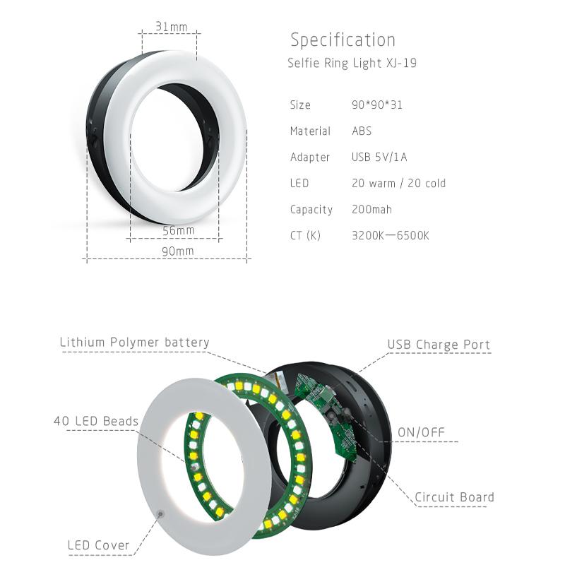 

XJ19 Cell Phone LED Ring Light Clip-on Selfie Fill Lamp for Youtube Live Meeting Black