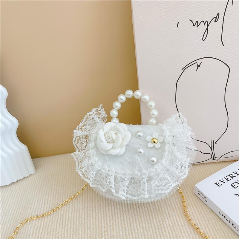 2025 new girls pearl handbag cartoon cute bow princess shoulder bag lace small satchel