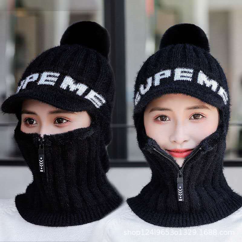 Hat Women's Autumn and Winter Knitted Windproof Ear Protection Wool Hat Student Warm Plush Thickened Fashion Cycling Pullover Hat