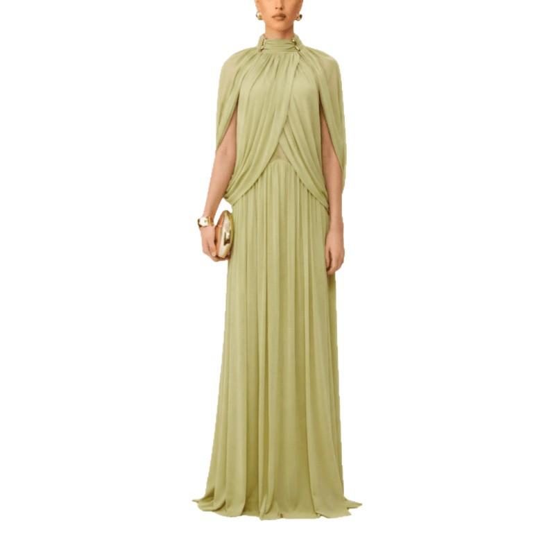 Abito Maxi da Donna con Scollo Alto, Maniche a Mantella, Pieghe, Verde Uniforme, Elegante Abito da Sera Formale