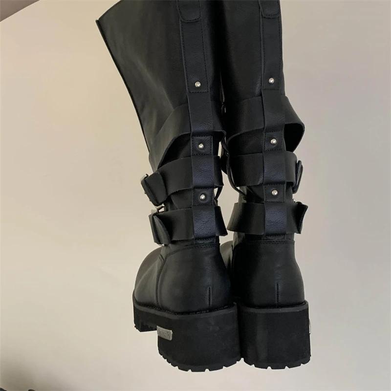 Eilyken Designer Round Toe Woman Knee High Boots Square Heels Buckle Strap Long Booties Comfortable Shoes Zapatos Mujer