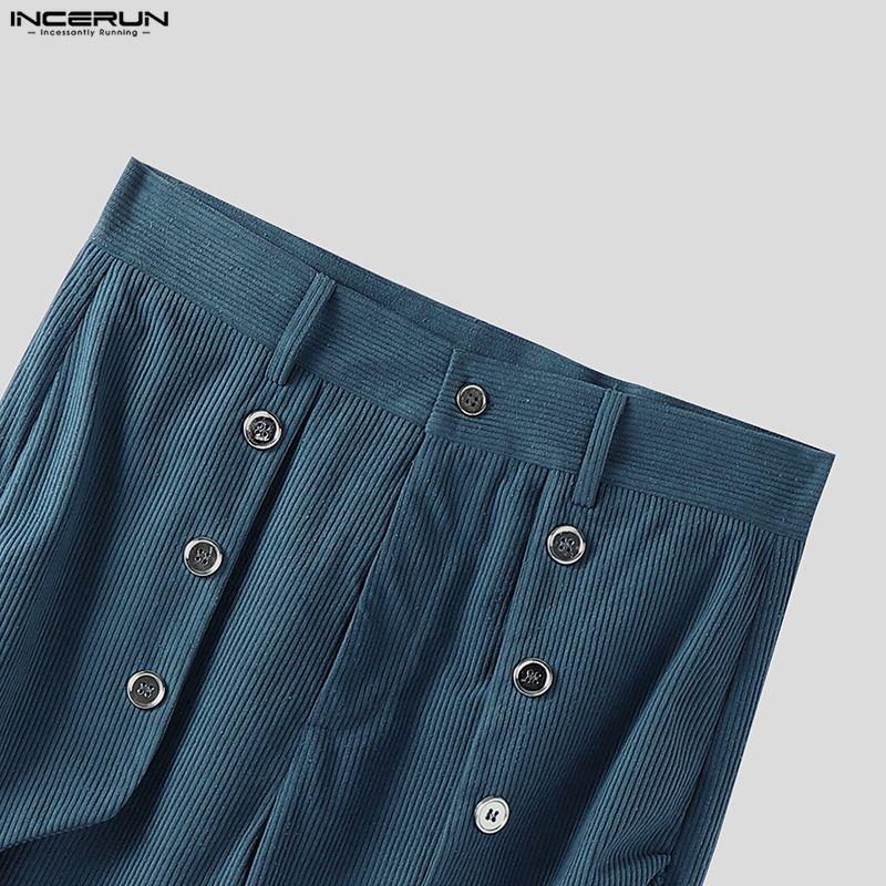 INCERUN Autumn Winter Men High Waist Solid Color Ruffled Casual Corduroy Long Pants