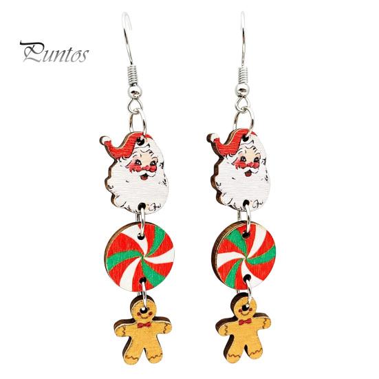 Decorative Wood Earrings 1 Pair Christmas Wooden Dangle Drop for Women, Cute Santa Fun Party Favors Gingerbread Candy Cane Earrings, Vintage