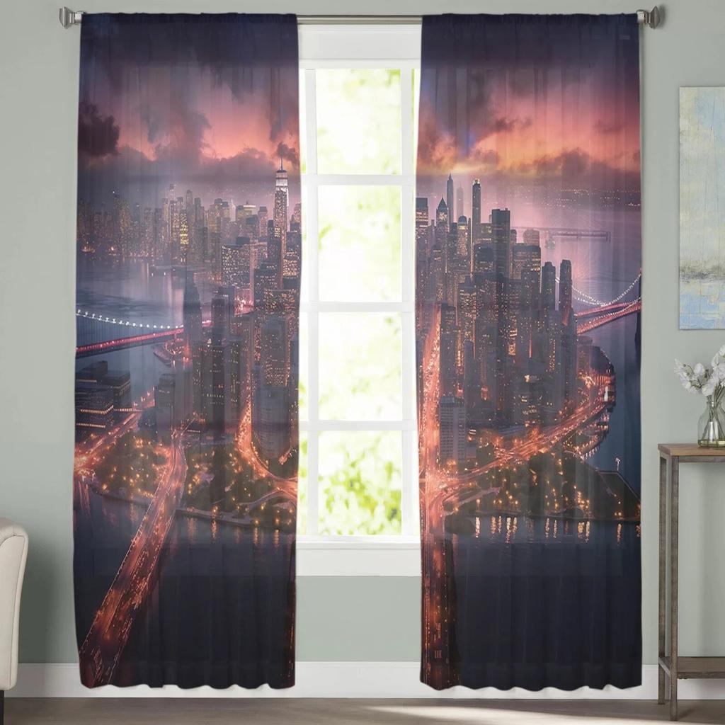 Street City Sky Gradient High Building Voile Sheer Curtains Living Room Window Tulle Curtain Kitchen Bedroom Drapes Home Decor