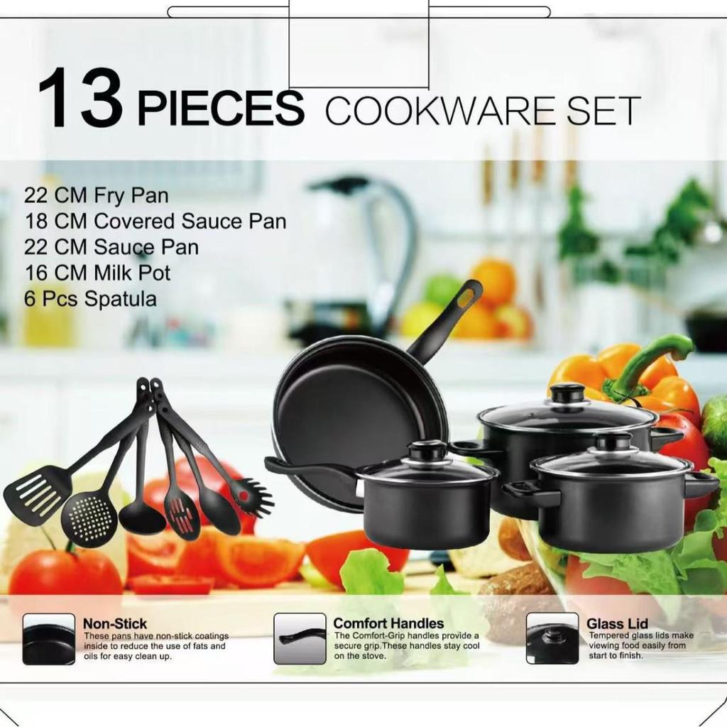Thirteen-Piece Non-Stick Cookware Set: Includes Spatula, Soup Pot, Milk Pot, Frying Pan, and More.