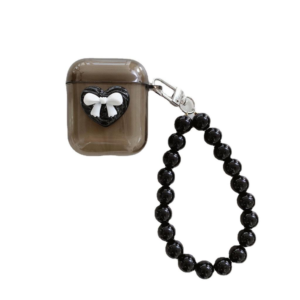 Transparent Black Heart-shaped Bow Compatible with Apple AirPods 1st Generation Bluetooth Earphone Protective Case Pro1 Earphone Case 1st Generation