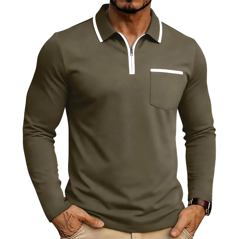 Mens Long Sleeve Polo Shirt Color Block Casual Top