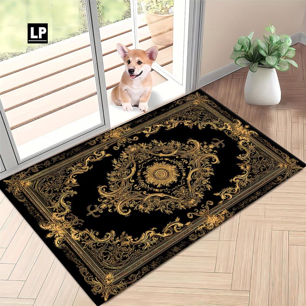 

Luxury Black Gold Baroque Print Carpet Plush Flannel Rug Living Room Bedroom Home Decor Area Rug Non Slip Floor Mat 40x60cm