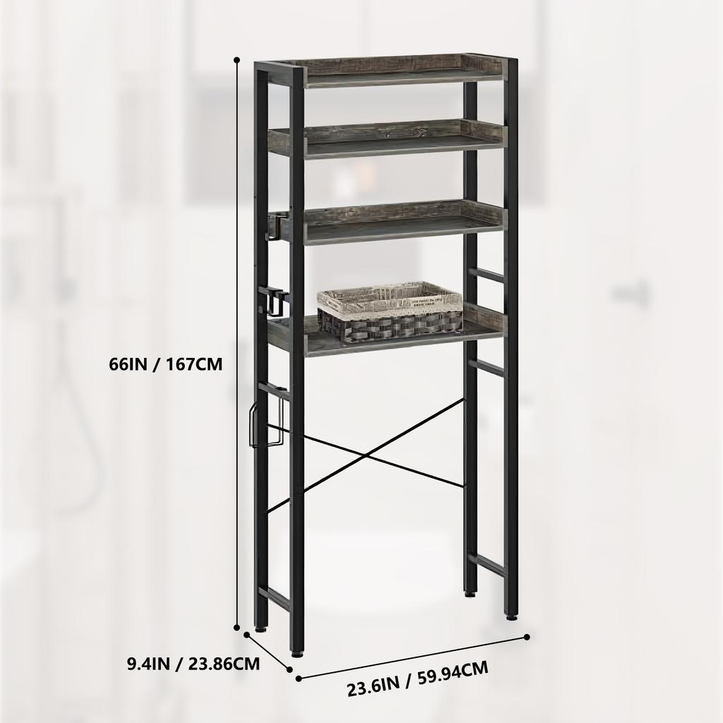 4-Tier Over-The-Toilet Storage Rack Freestanding Bathroom Organizer Freestanding Space Saver Toilet Stand with 4 Hooks