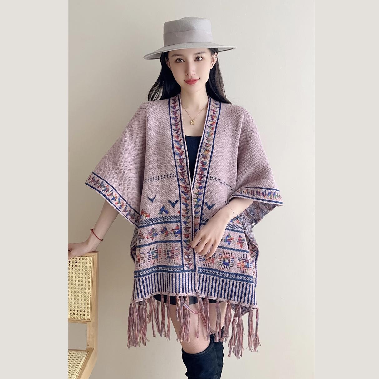 

Элегантная этническая шаль: Двустороннее дорожное пончо из Юньнань Дали розовый