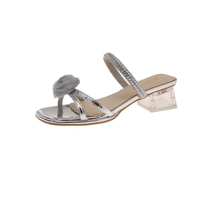 Flower Toe Silver Cool Slippers Women Wear New Summer Temperament Thick Heel Rhinestone One-word Drag
