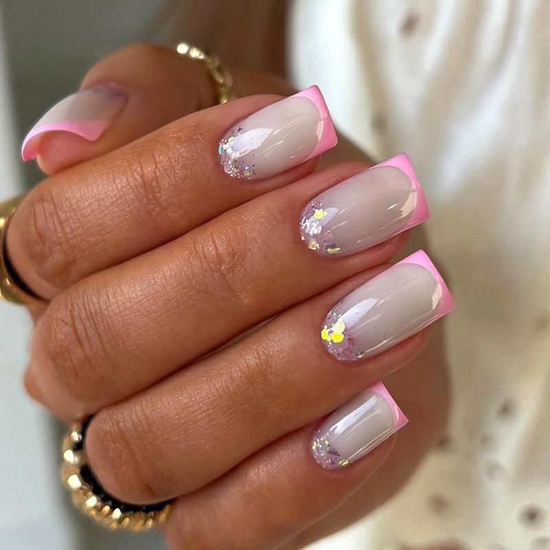 Pink Peach French Glitter European and American Ins Style Long European Square Piece Fake Nails Wearing Armor