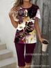 Gradual change/flower printing casual suit, round neck short sleeves + cropped pants for home and out