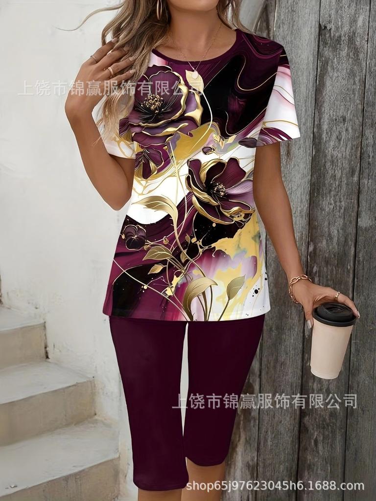 Gradual change/flower printing casual suit, round neck short sleeves + cropped pants for home and out