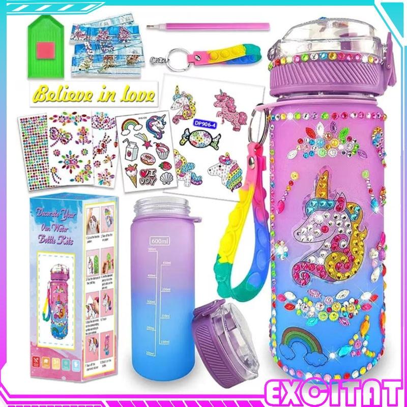 Creative DIY Gemstone Kids Water Bottle 600ml Rainbow Unicorn for School & Outdoor, Holiday Gift for Boys Girls Age 4-6-8-10, Multicolor