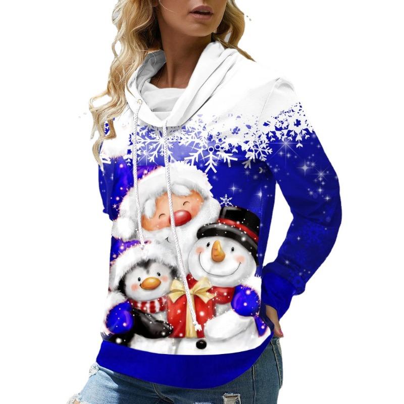 

YYFS Женская мода Повседневный Санта-Клаус Снеговик Принт Осень Зима Длинные рукава С капюшоном Пуловеры и Длинные рукава XXXXL синий