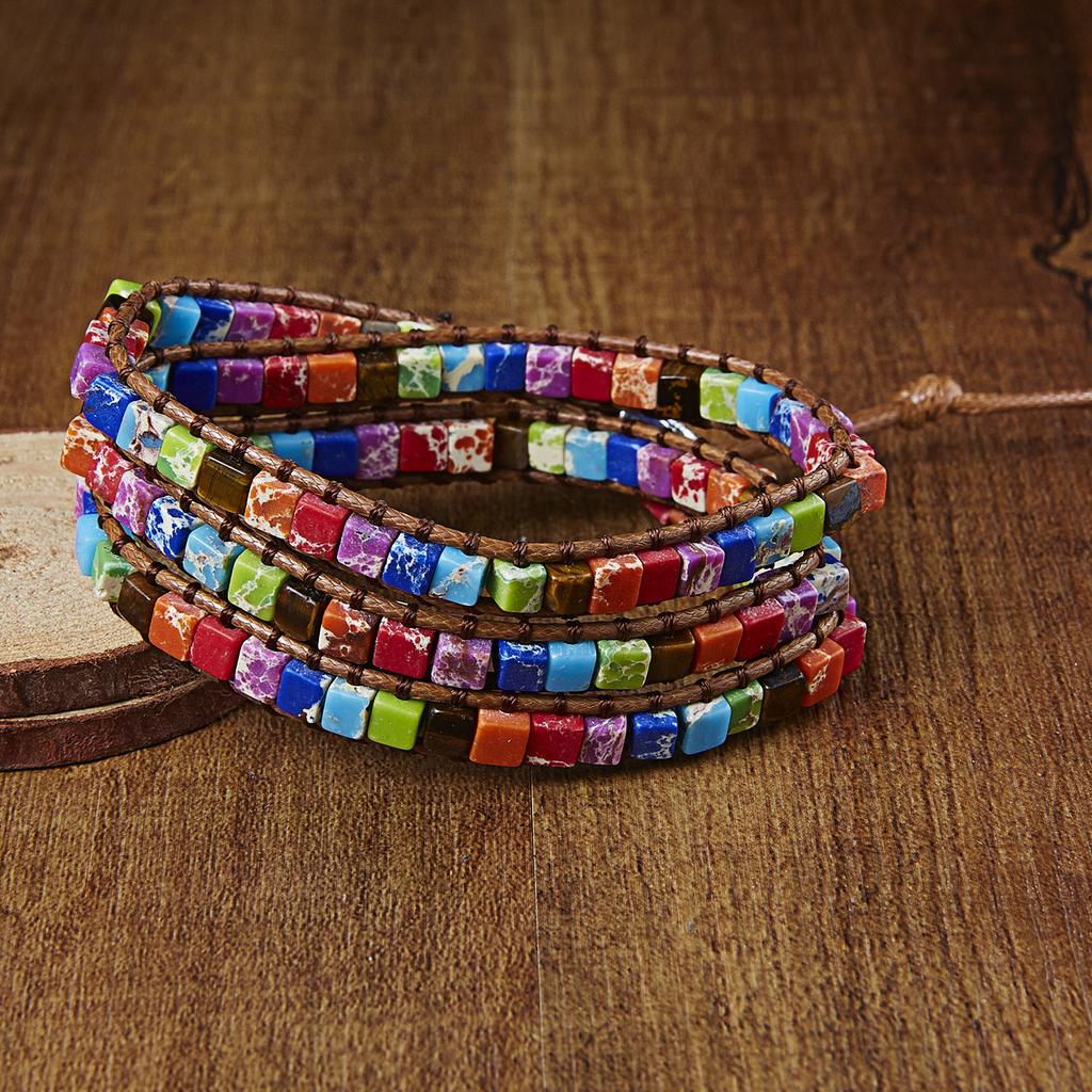 RINHOO Chakra Bracelet Jewelry Handmade Multicolor Natural Stone Tube Beads Leather Wrap Bracelet Couples Bracelets Gifts