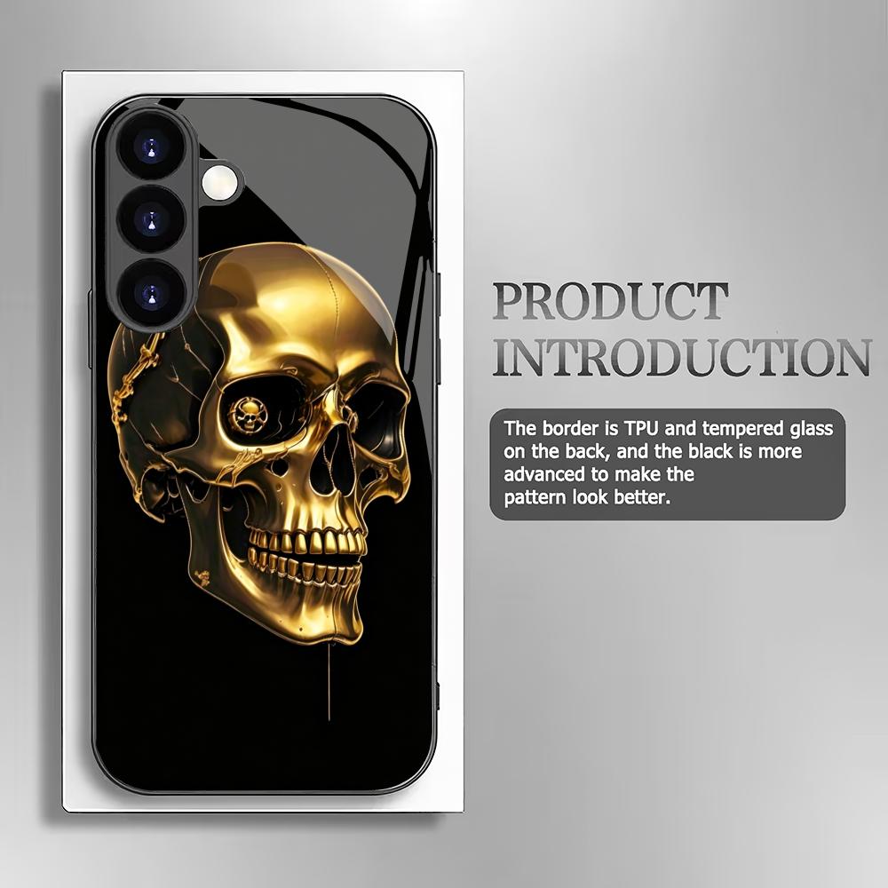 Gold Skull Black Glass Phone Case Suitable for Samsung Galaxy S26 S25 S24 S23 S22 S21 S20 FE/Ultra/Plus Anti Drop Back Cover