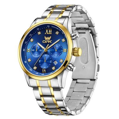 OPK Quartz Watch with Date Luminous Stainless Steel Watch for School or Gold Blue Men's Display, Waterproof, Diamonds, Stylish, Fashionable, Classic,
