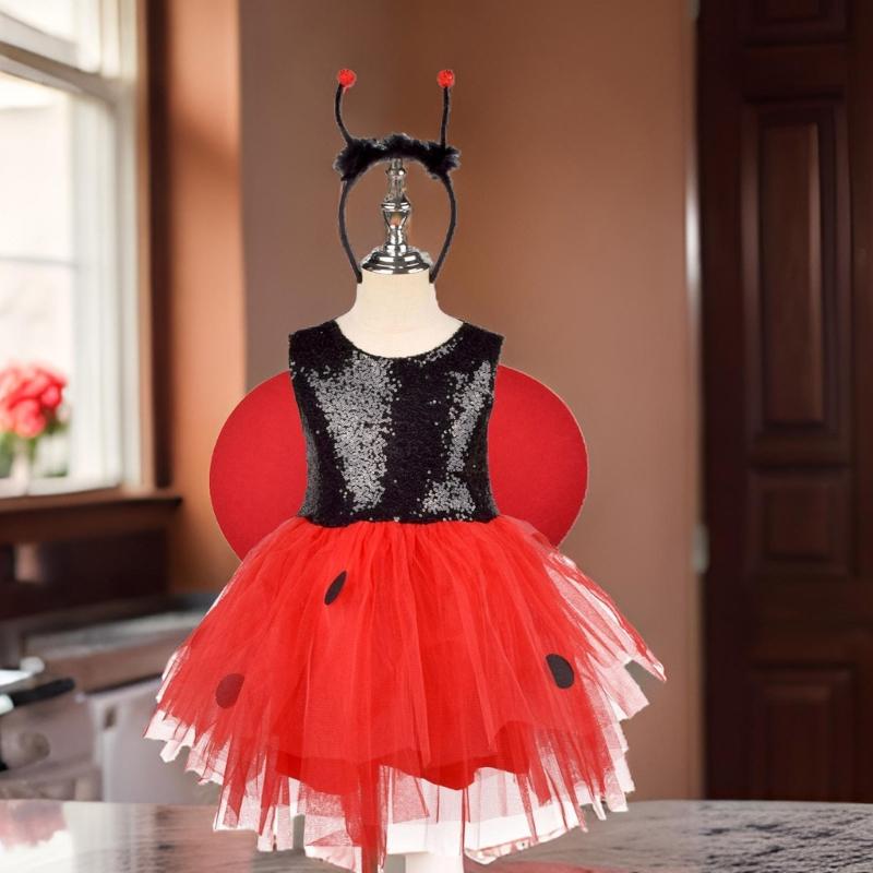 Children Ladybird Costume with Wing Headband and Dress Halloween Lady Bird Dress Up Outfits for Girl Halloween Cosplay