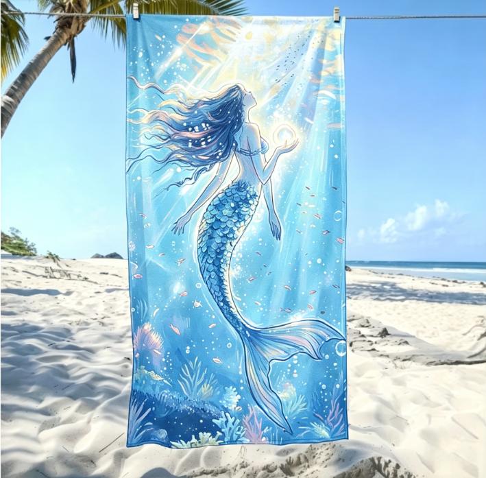 Fantasy Mermaid Underwater Beach Towel, Large Microfiber Sand Free Quick Dry Towel for Summer Vacation