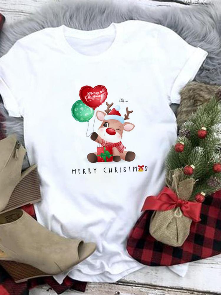 Lovely Merry Christmas Funny Trend T Shirt Women Short-Sleeved Print Tee Shirt Female Trend Clothing Women Casual Graphic Tee