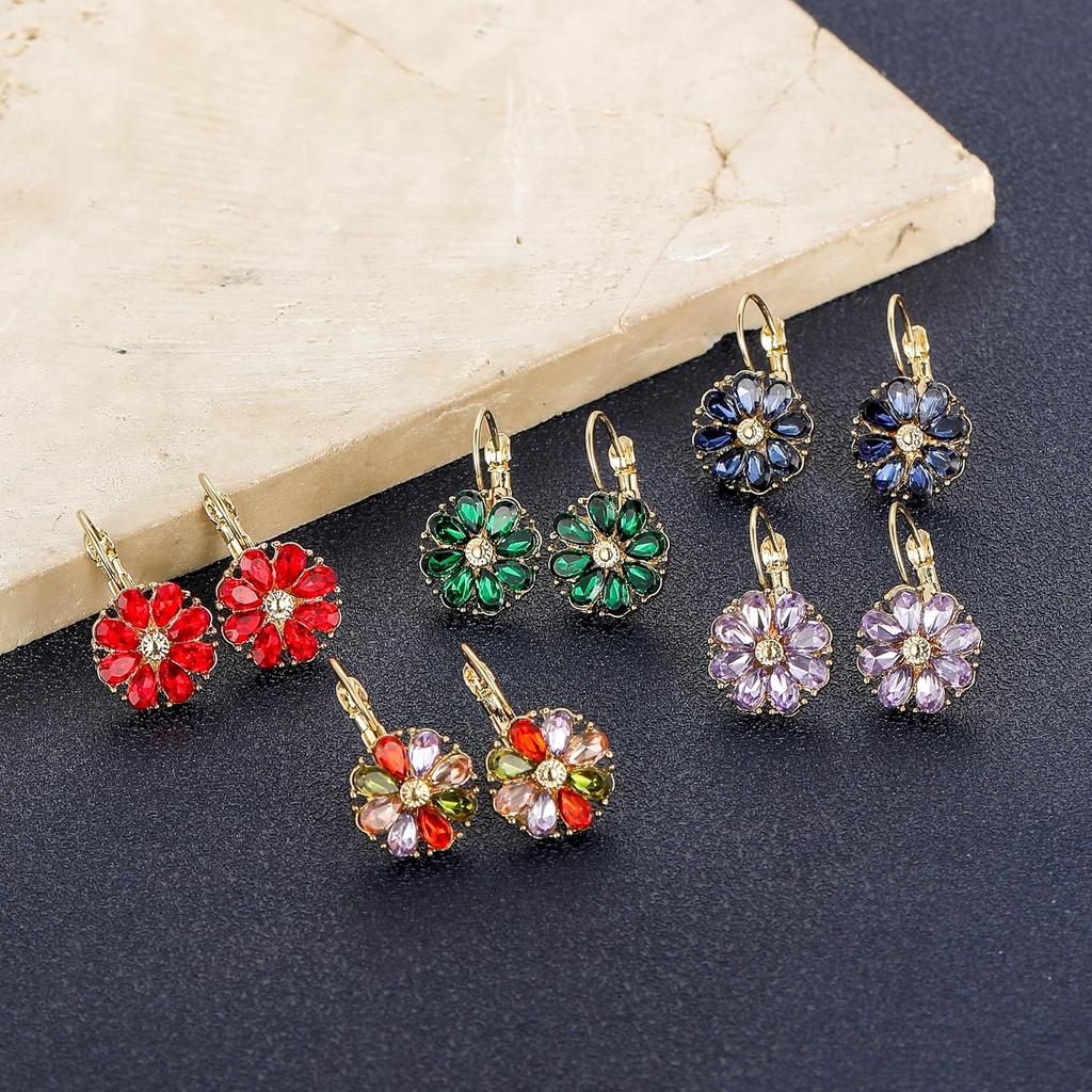 6 Pairs Multicolor Flower Dangle Earrings Set Leverback Birthstone Floral Earrings for Women Stainless Steel Gold Plated