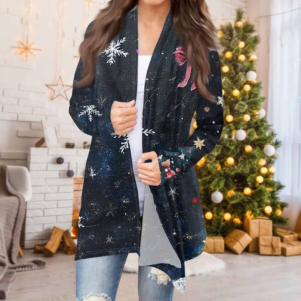 Women's Fashion Casual Christmas  Print Medium Length Cardigan Jacket Coat
