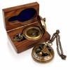 Push Button Brass Sundial Compass with Wooden Box Chain Engraved Back Pocket Nautical Keepsake
