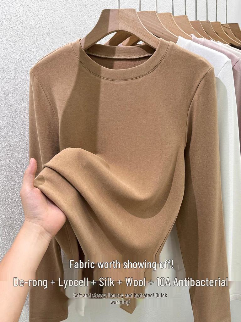 Women's Wool Silk Round Neck Base Layer Shirt - Autumn/Winter 2025 Collection, Velvet-Thickened for Warmth