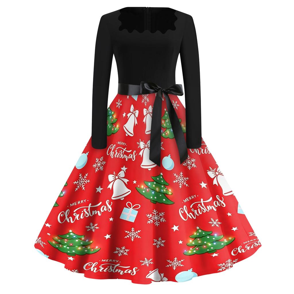 Women's Casual Vintage Dress with Square Neck and Christmas Print for Holiday Party