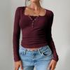 Women's Casual V-neck Buttoned Sexy Slim Ribbed Knit Long-sleeve Top