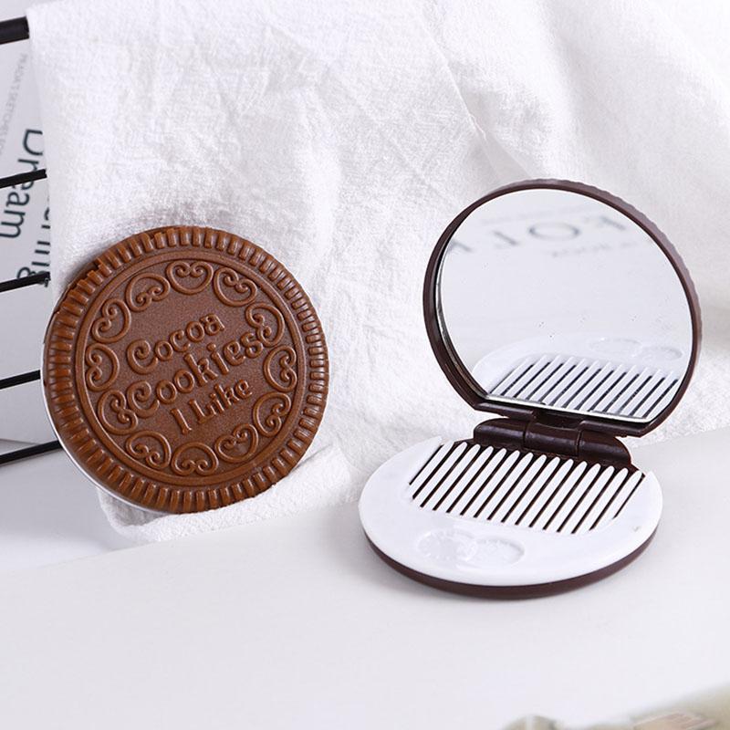 Cute Mini Mirror Portable Makeup Mirrors with Comb Girls Women Pocket Mirrors Chocolate Cookie Shaped Cosmetic Mirror