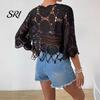 Top de ganchillo boho Cubre tops Ajuste holgado Cuello redondo Manga de tres cuartos Relajado Camisa de verano Tejido calado Playa Bohemio Dobladillo con borlas Ligero