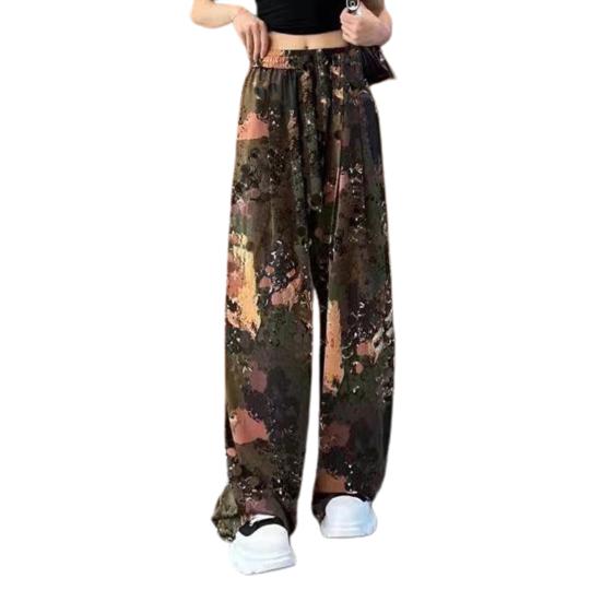 

Женские летние повседневные брюки с эластичной резинкой на талии и регулируемым галстуком, прямые широкие длинные брюки, камуфляжные полосатые брюки с принтом для отдыха, уличная одежда кофейный