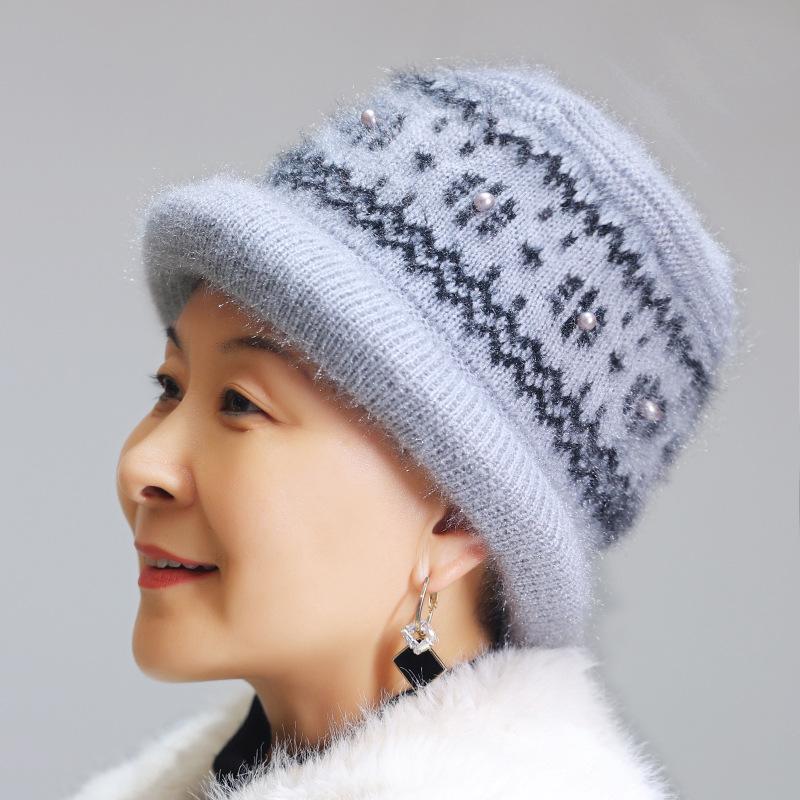 Winter new middle-aged and elderly hats women's knitted ear protectors handmade wool hats, plush warm mother cold-proof hats