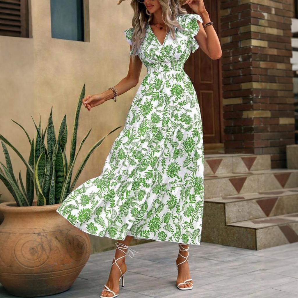Bohemian Style Women's Summer V Neck Waist Cinched Floral Print Maxi Dress with Short Sleeves and Ruffled Hem for Casual Wear