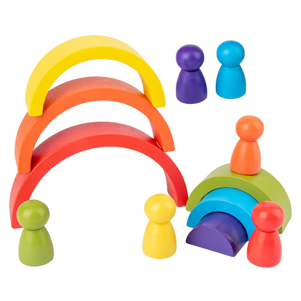 12Pcs Wooden Rainbow Stacking Blocks Fun Building Nesting Toys For Kids Boys