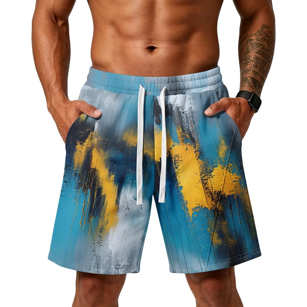 Men's Gradient Print Loose Fit Athletic Shorts with Pockets Elastic Waistband Drawstring for Gym Training Beachwear