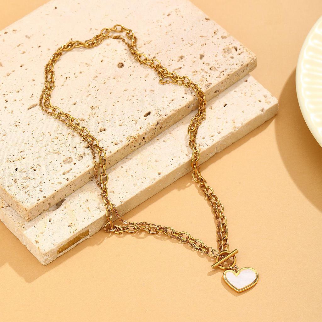 Heart-shaped Stainless Steel Pendant Necklace with OT Clasp - European & American Light Luxury Design
