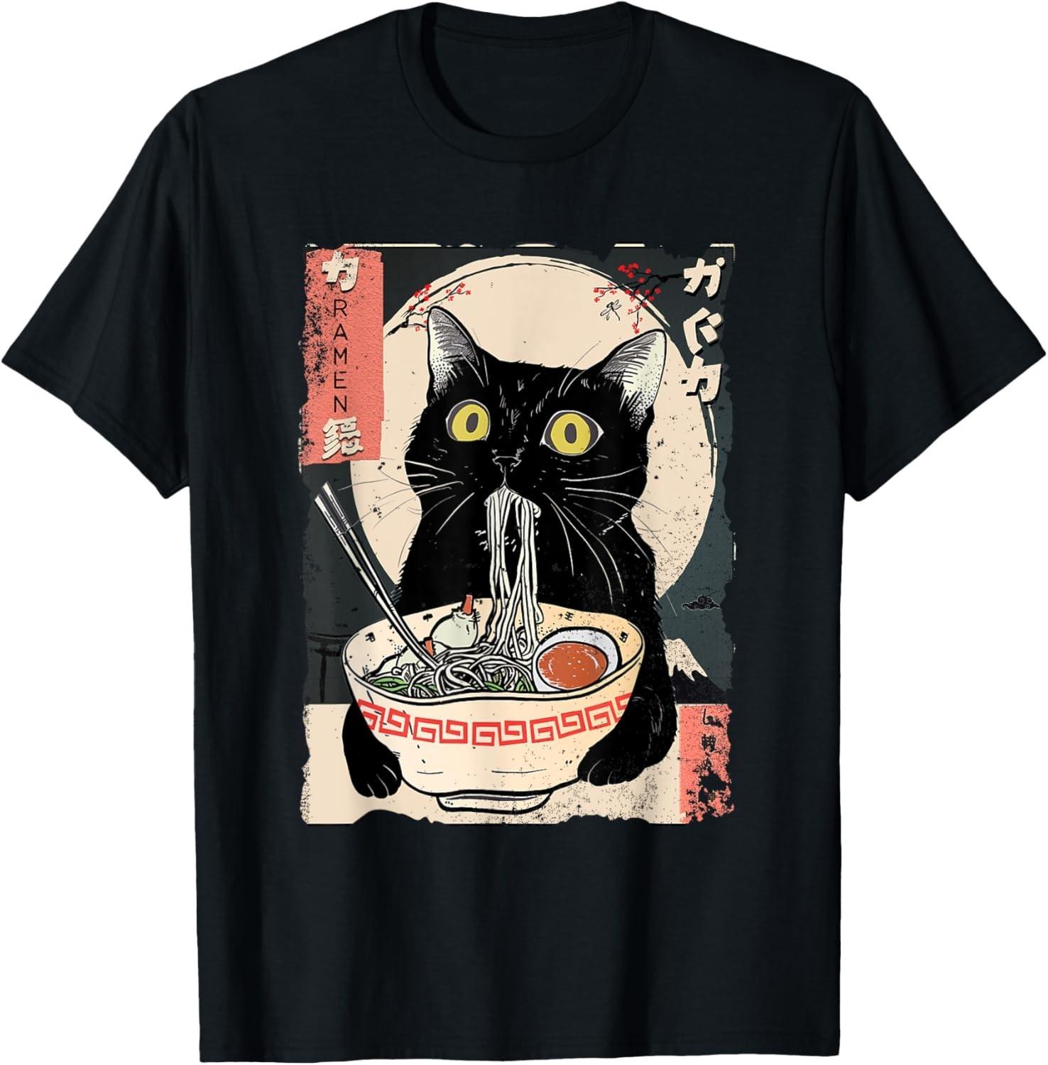 Kawaii Cat Eating Ramen Noodles Funny Anime Gift Girls Teens T-Shirt Mens Womens Tees Top L