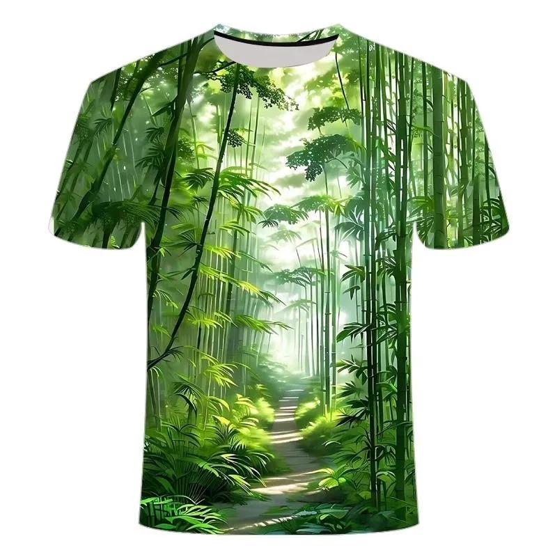 Summer Fashion New Men's Bamboo Forest Printed T-shirt Leisure and Comfortable Short Sleeved Round Neck Plus Size Popular Top