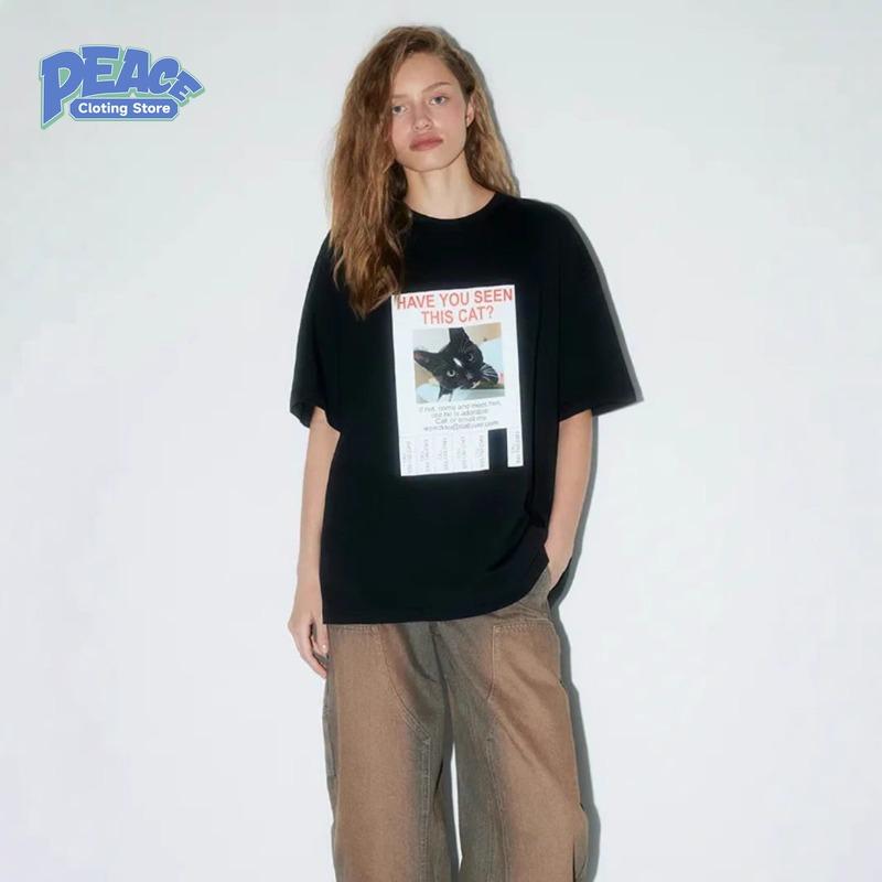 Cute Black Cat Printed T-shirt for Women Summer 100% Cotton T-shirt Fashion Trend Casua Retro Black Short Sleeved Shirt 90s Top