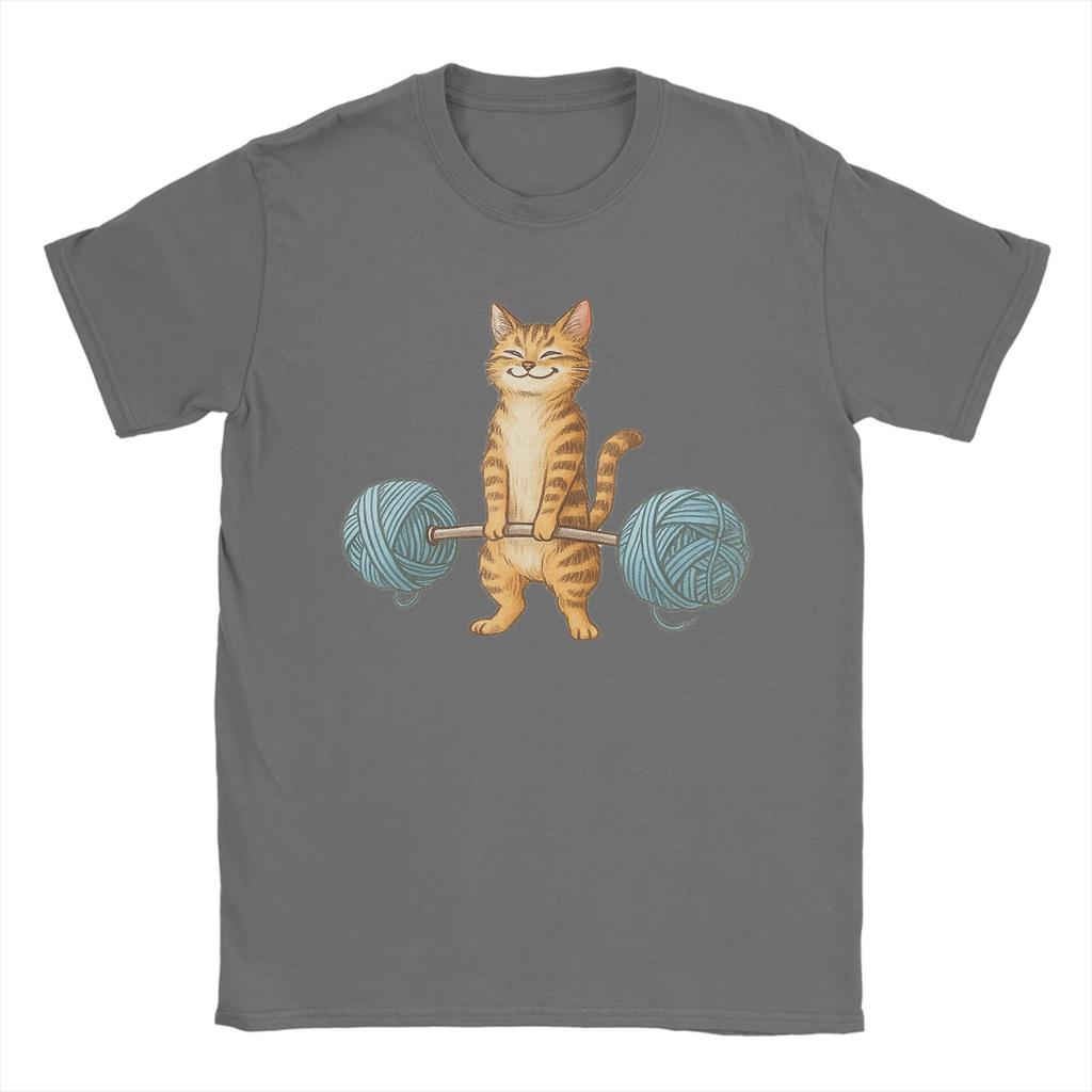 Fun Cat Weightlifting Yarn Barbell Fitness TShirt for Unisex O Neck Pure Cotton T Shirts Short Sleeve Tee Shirt Summer Clothing