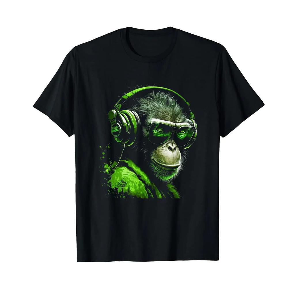 Monkey Dj With Headphones And Sunglasses Party T Shirt Black Vintage Soft Versatile Homme Streetwear Casual Comfortable
