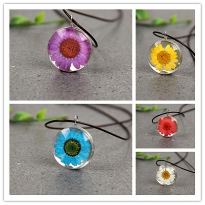 Floare de soare floare uscată specimen cabochon sticlă lanț șnur piele pandantiv colier bijuterii pentru femei copii talisman norocos cadou